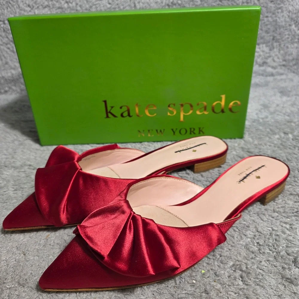 Kate Spade‎ Faryn Red Satin Bow Mules Flats Women's 8.5 M Christmas Shoes NEW